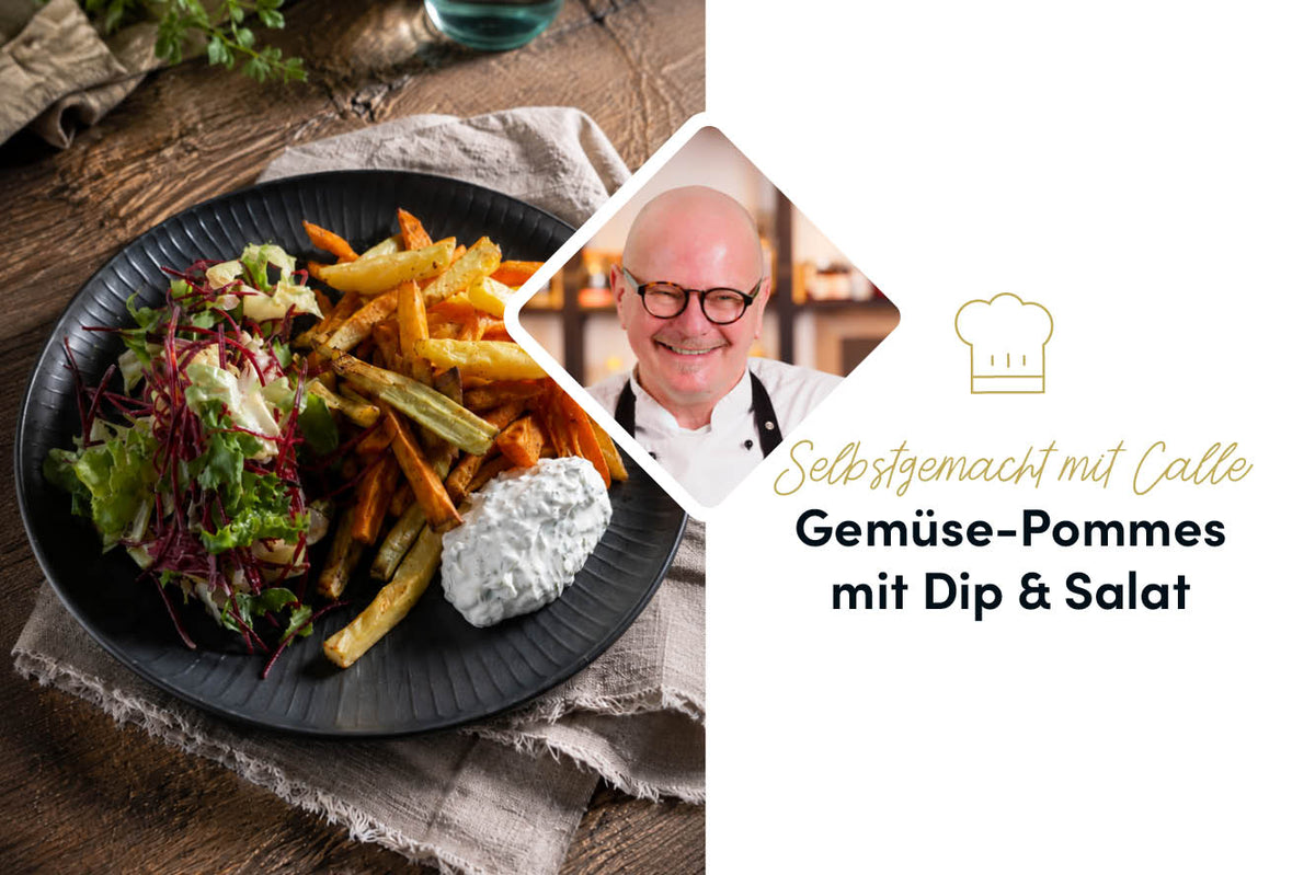 Knusprige Gemüse-Pommes mit Dip & Salat: Gesundes und leckeres Feierabendgericht