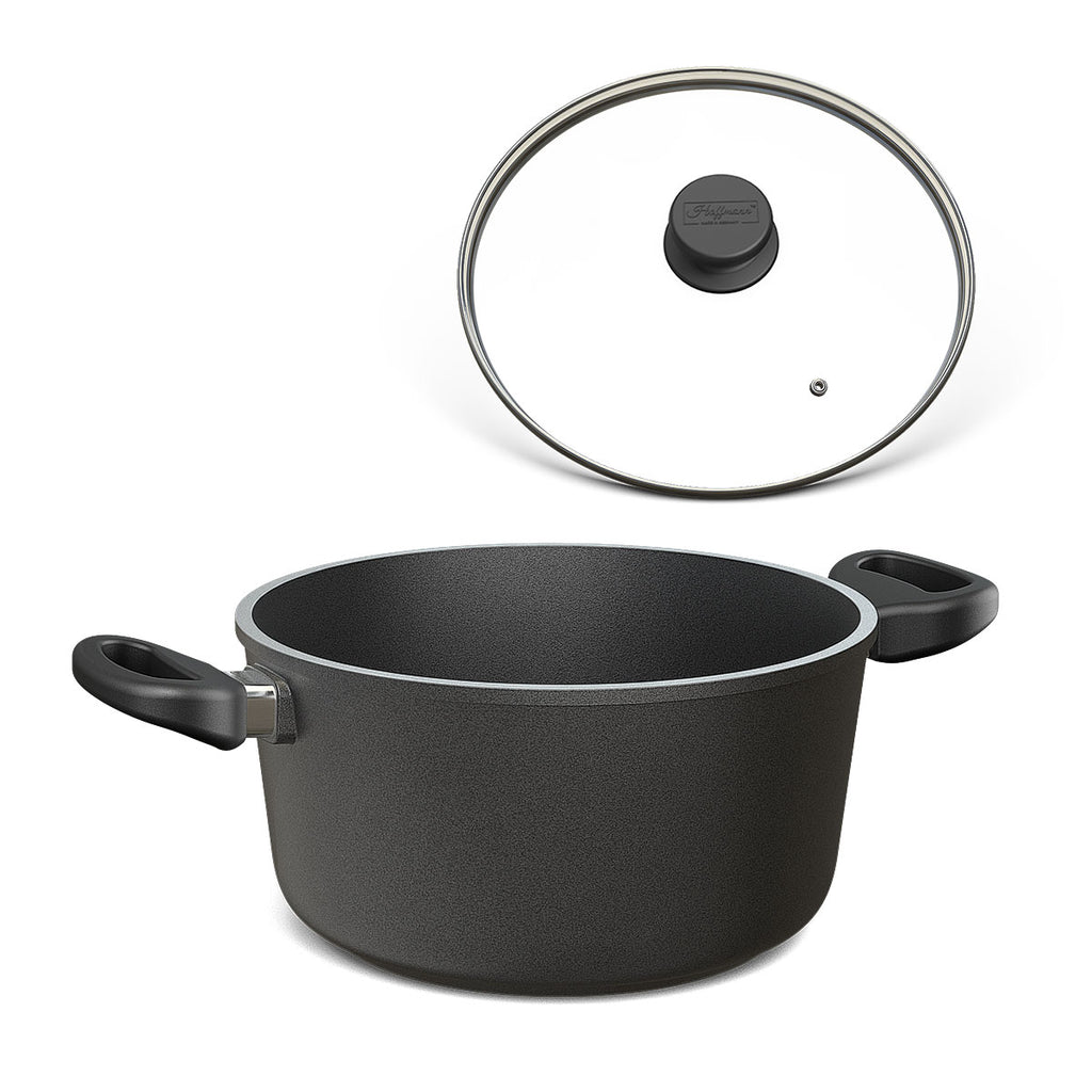 Der Hoffmann Kochtopf 1124 mit festen Griffen und passendem Deckel ist der robuste Allrounder für anspruchsvolles Kochen im Alltag.