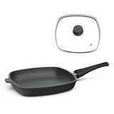 Die Grillpfanne E284G von Hoffmann mit abnehmbarem Griff und Deckel bringt Grillstreifen und Röstaromen direkt vom Herd auf den Teller – ideal für Fleisch, Gemüse und mehr.