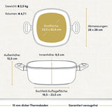 "Ein eckiger, beschichteter Aluguss-Bräter mit technischen Daten, ideal für die Zubereitung verschiedener Gerichte."