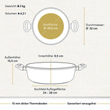 "Runder beschichteter Aluguss-Bräter mit einem Durchmesser von 32 cm, ideal für die Zubereitung verschiedener Gerichte."