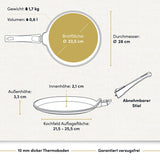 "Bild einer beschichteten Aluguss-Crepespfanne mit technischen Daten, die die robuste Bauweise und die antihaftbeschichtete Oberfläche hervorheben."