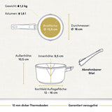 "Bild eines beschichteten Aluguss-Milchtopfs mit technischen Daten, der die robuste Konstruktion und die antihaftbeschichtete Oberfläche zeigt."