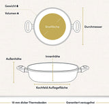 Bild einer beschichteten Aluguss-Schmorpfanne mit technischen Daten, die die robuste Bauweise und die antihaftbeschichtete Oberfläche hervorheben.“