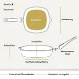 "Bild einer beschichteten Aluguss-Viereckspfanne mit technischen Daten, die ihre robuste Bauweise und die antihaftbeschichtete Oberfläche hervorheben."