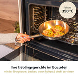Die Edelstahl-Hochrandpfanne überzeugt mit einem festen Griff und ist auch für den Einsatz im Backofen bestens geeignet.