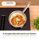 Die Edelstahl-Hochrandpfanne mit festem Griff ist blitzschnell aufgeheizt und bereit für energieeffizientes Braten auf höchstem Niveau.