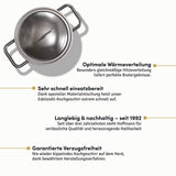 Der Edelstahl-Kochtopf mit festen Griffen bietet zahlreiche Vorteile, darunter eine hohe Langlebigkeit, beste Wärmeleitung und sicheren Halt beim Kochen.