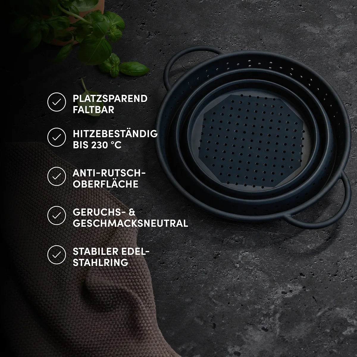 Faltsieb mit robusten Edelstahlring