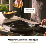 "Werbebild von Hoffmann, das Aluguss-Kochgeschirr zeigt, mit glänzender Oberfläche und robustem Design, ideal für vielseitiges Kochen in der Küche."