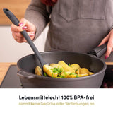 Die lebensmittelechte Pfannenschaufel besteht aus zertifizierten Materialien und garantiert sicheres und hygienisches Kochen ohne Schadstoffe.