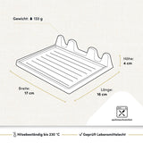 Die technischen Daten der Löffelablage aus der Hoffmann Selection umfassen hitzebeständiges Material, kompakte Maße, rutschfeste Unterseite und einfache Reinigung – perfekt für sauberes und praktisches Arbeiten in der Küche.