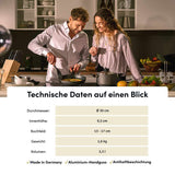 Die technischen Daten der Bernd Zehner Wokpfanne geben präzise Auskunft über Material, Durchmesser und Fassungsvermögen – für volle Transparenz und optimale Kaufentscheidung.