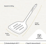 Die technischen Daten des XXL-Pfannenwenders umfassen Material, Gesamtlänge, Wenderfläche, Hitzebeständigkeit und Spülmaschineneignung – ideal für den professionellen Einsatz in der Küche.