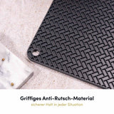Der Untersetzer aus Antirutsch-Material sorgt für sicheren Stand und verhindert ein Verrutschen von Geschirr und Töpfen auf glatten Oberflächen.