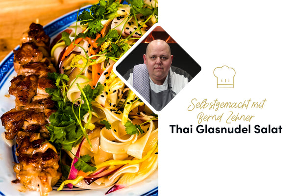 Thailändisches Street Food zuhause: Glasnudel Salat und knusprige Hähnchen-Spieße