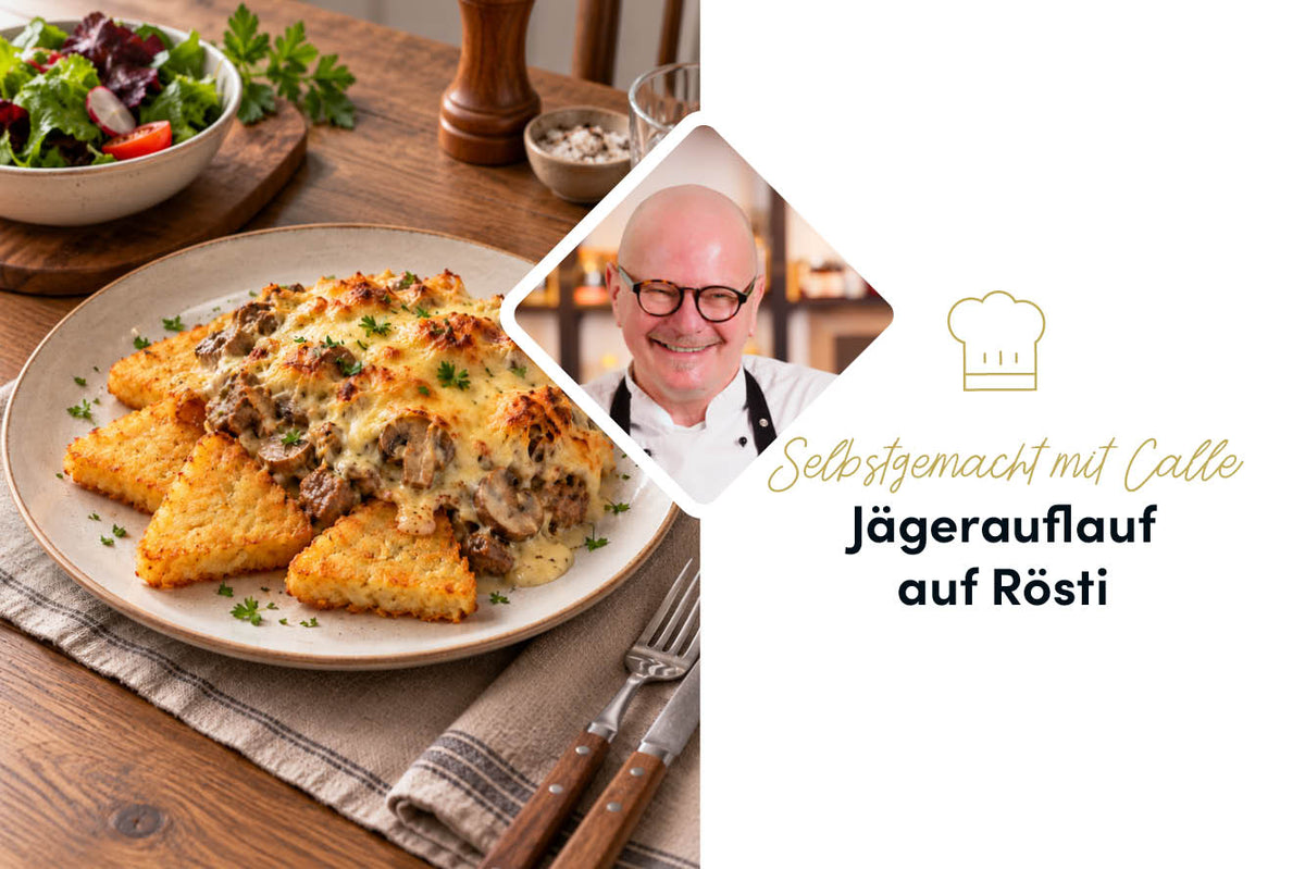Herzhafter Jägerauflauf auf Rösti: Einfaches Ofenrezept mit Pilzen & Käse