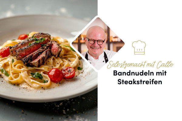 Steakstreifen mit pikanter Pfeffersoße auf breiten Bandnudeln: deftig, cremig, unwiderstehlich