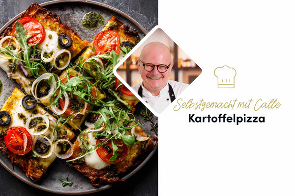 Glutenfreie Kartoffelpizza mit dünnem knusprigen Kartoffelboden: einfaches Rezept mit Tomaten, Mozzarella und frischem Rucola