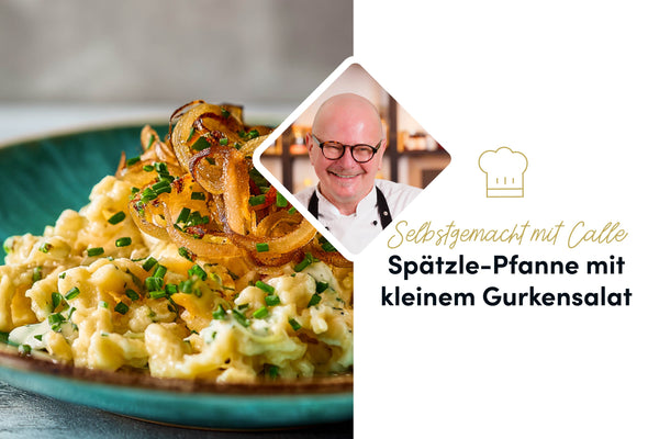 Cremige Spätzle mit karamellisierten Zwiebeln, Porree und frischem Schnittlauch: dazu knackiger Radieschen-Gurken-Salat