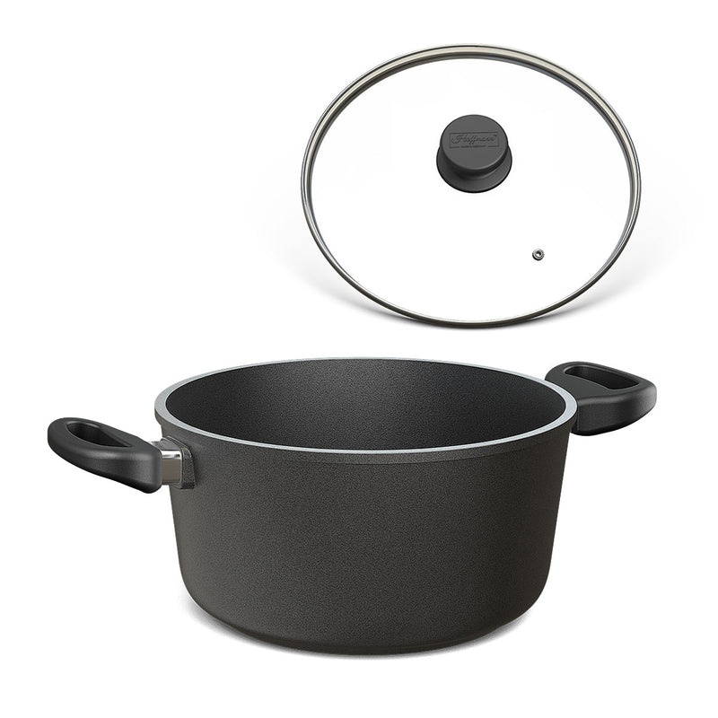 Der Hoffmann Kochtopf 1124 mit festen Griffen und passendem Deckel ist der robuste Allrounder für anspruchsvolles Kochen im Alltag.