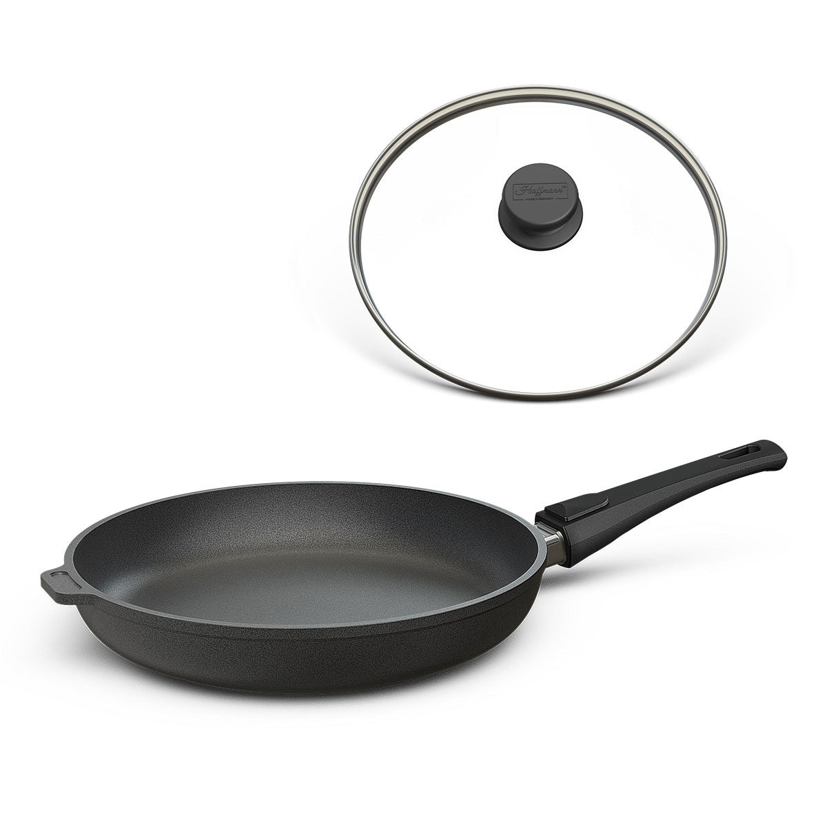 Hoffmann Germany Bratpfanne Aluguss Ø 20 cm mit Deckel – Made in Germany Pfanne, Aluguss (Set, 2-tlg., 1x Bratpfanne Ø 20 cm + 1x Glasdeckel), abnehmbarer Griff, backofenfest bis 250°C, Induktion, Antihaft