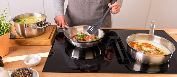 Hochwertige Hochrandpfannen machen das Kochen mit Edelstahl zum Genuss – ideal für große Portionen und anspruchsvolle Gerichte.