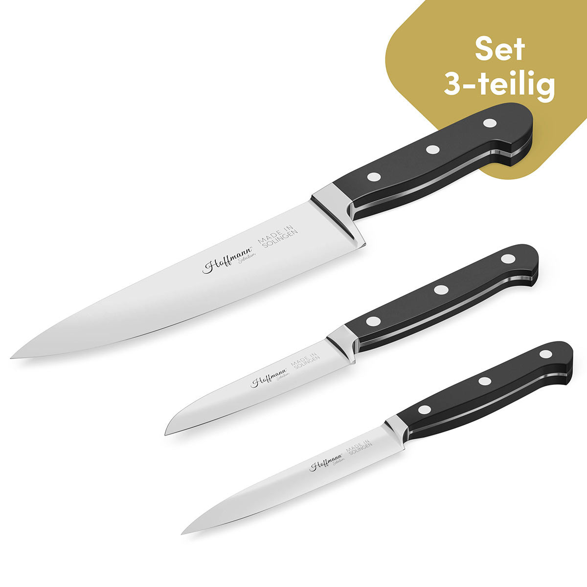 Das hochwertige 3-teilige Messer-Sparset bietet Ihnen exzellente Klingen, die durch ihre Schärfe und Langlebigkeit alle Schneidaufgaben in der Küche mühelos meistern.