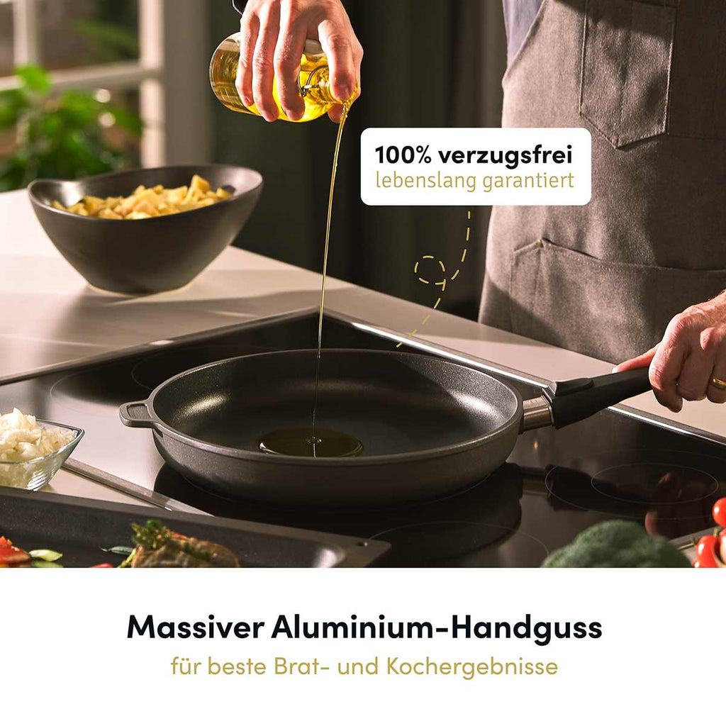 Das Hoffmann Kochgeschirr aus robustem Aluminium-Handguss steht für langlebige Qualität, optimale Hitzeverteilung und zuverlässige Kochergebnisse.